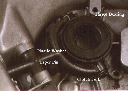 Taper pin and plastic washers can be seen in bellhousing
